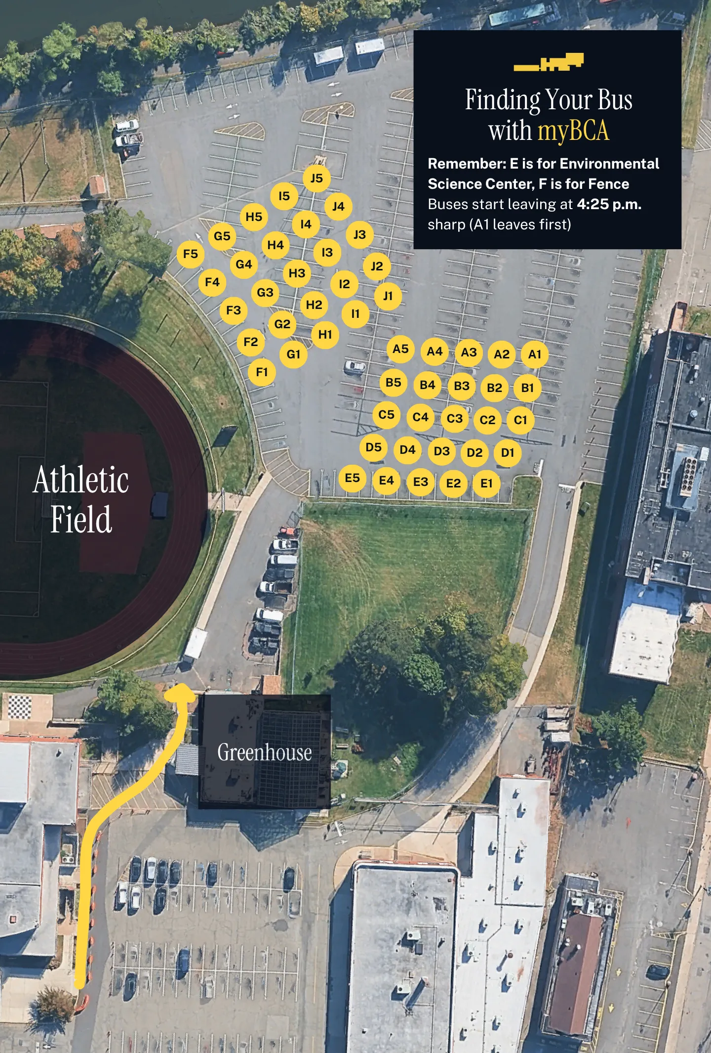 Satellite view of the BCA parking lot annotated with bus locations.